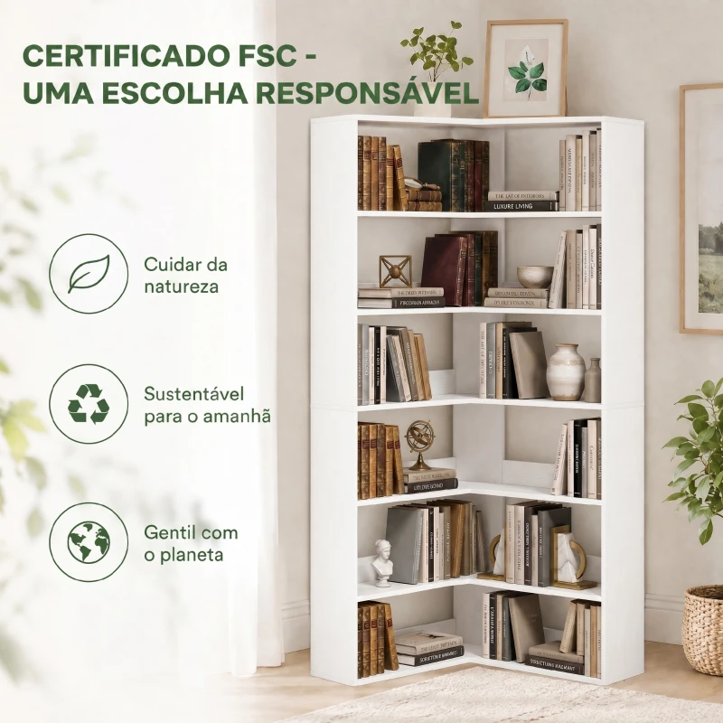 HOMCOM Estante em L 7 níveis Estante de Canto com Proteção Traseira Antiderrapante Aparência de Madeira Branco 90x90x180 cm