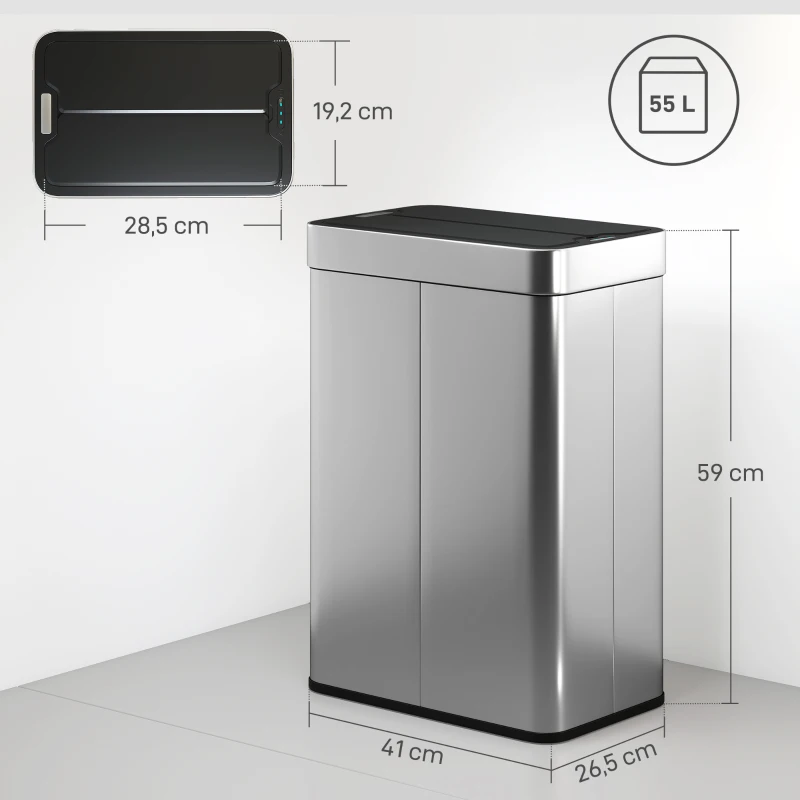 HOMCOM Sensor-Mülleimer, 55 L Kapazität, Schmetterlingsdeckel, öffnet automatisch, Edelstahl, Silberfarben