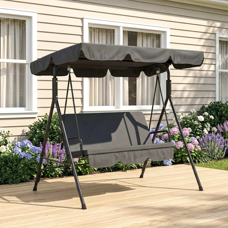 Outsunny Balancelle de Jardin 3 Places Toit Inclinaison réglable Coussins Assise et Dossier Acier Noir Polyester Noire