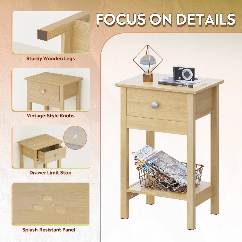 WLIVE Wooden Bedside Table, Nightstand with Shelf Drawer, Wooden Side Sofa Tables, for Small Spaces, End Tables for Living Room, Bedroom (1, Oak)