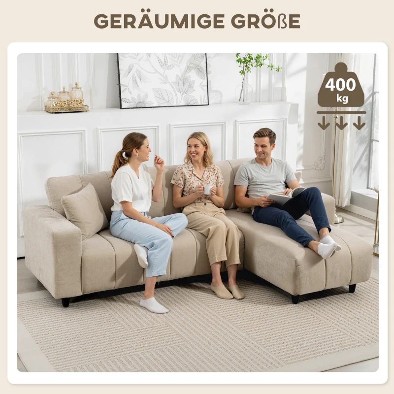 HOMCOM L-förmiges Ecksofa mit flexibler Chaiselongue, 3-Sitzer-Couch mit 2 Kissen, Metallrahmen, für Wohnzimmer, Beige