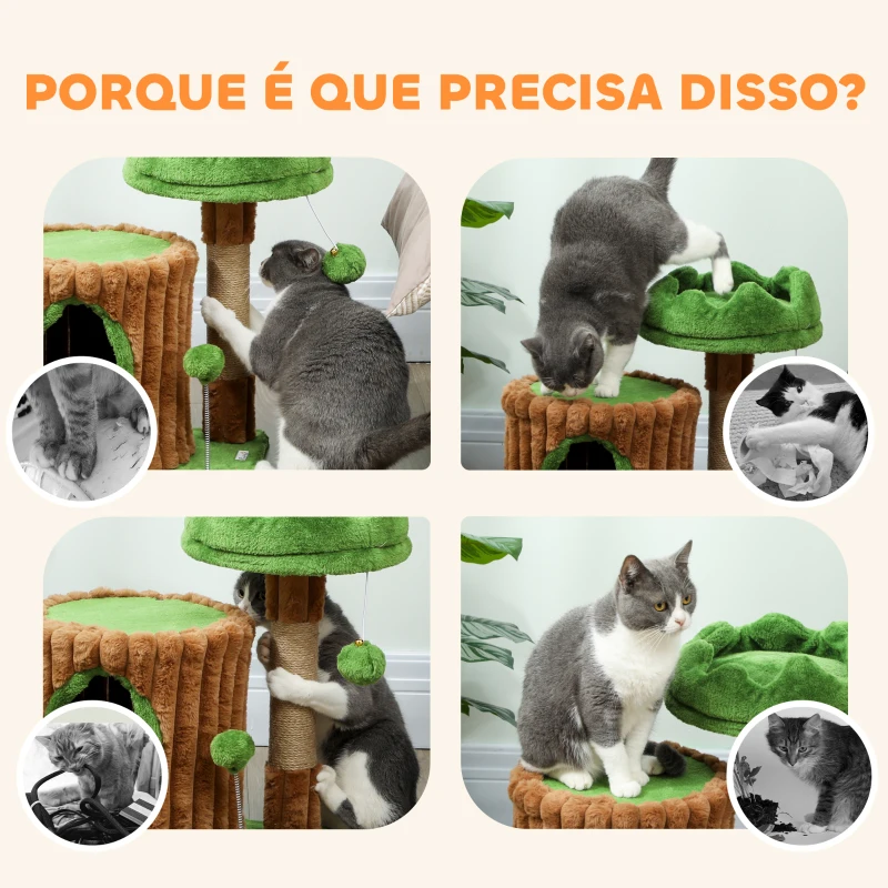 PawHut Arranhador para Gatos 53 cm Design de Tronco com Cama Caverna Poste de Juta Bolas Penduradas 40x30x53 cm Castanho e Verde