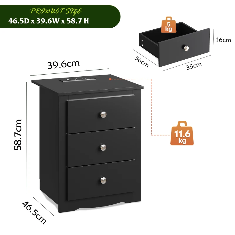 WLIVE 3-Drawer Wooden Bedside Table with Charging Station, USB Ports & Plug Sockets, Nightstand with Storage for Bedroom, Living Room, Office (1, Black)