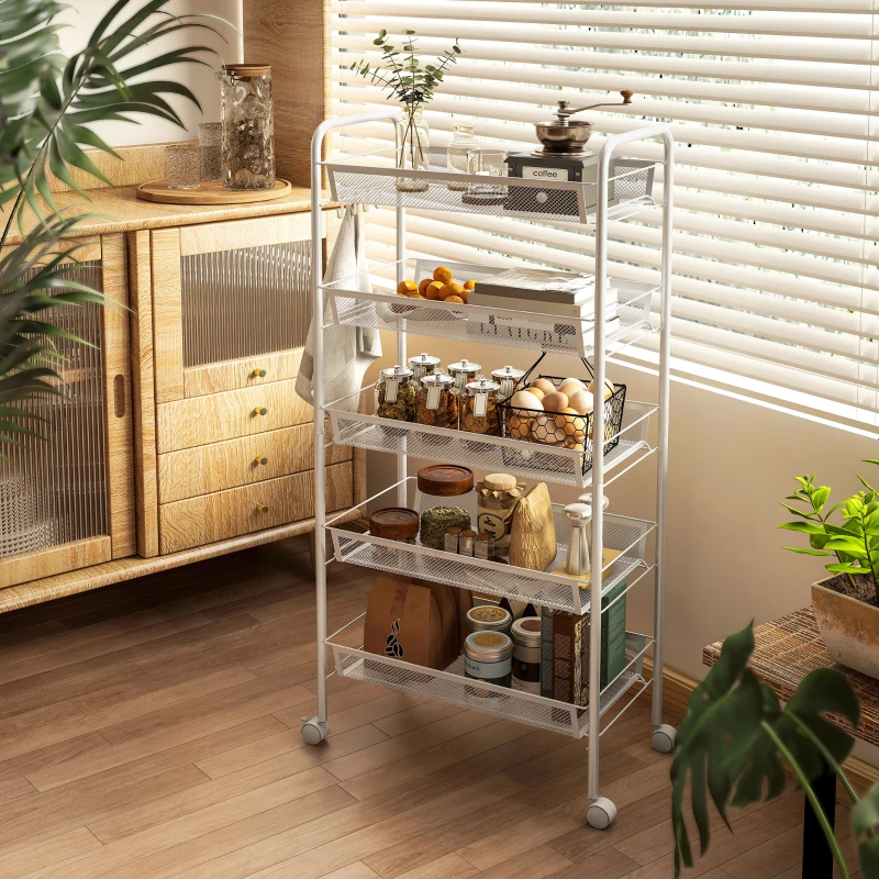 HOMCOM Küchenwagen mit 5 Drahtkörben, 4 Haken, 4 Rollen, 2 Griffe, Stahl/Kunststoff, 45x26,5x106 cm, Weiß