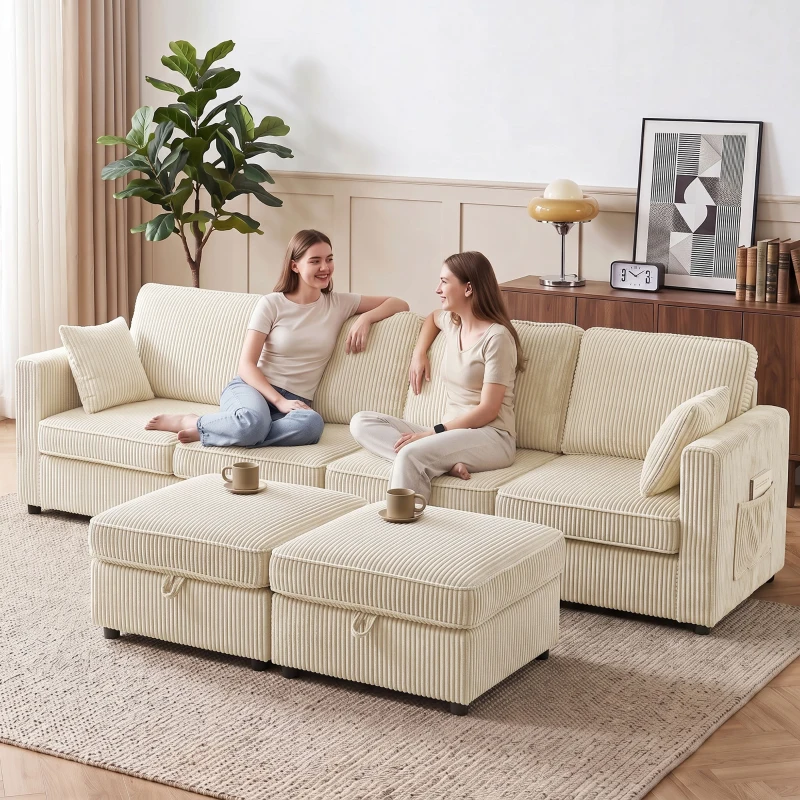 HOMCOM Modulares U-Sofa 4-Sitzer mit 2 Aufbewahrungs-Poufs in Cordvelours, 4 Kissen, Creme