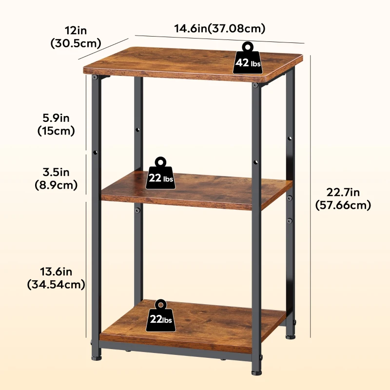 WLIVE 3-Tier Side Table, Built with Robust Steel Frame and Adjustable Feet, Top Shelf Comes with 19kg Load Bearing, Suitable for Living Room, Bedroom and Office, Rustic Brown