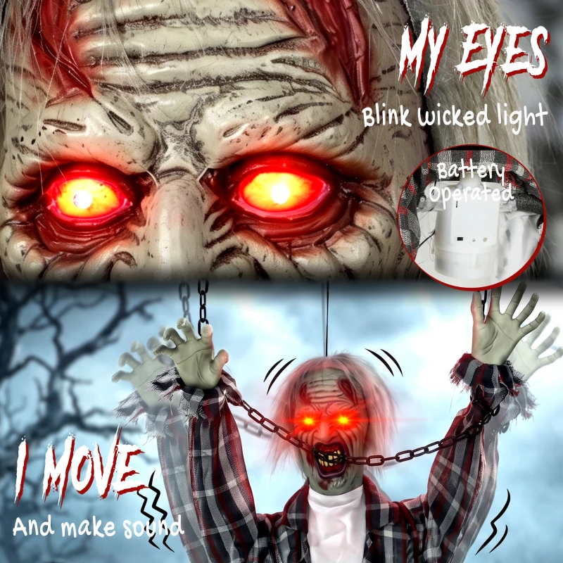 HOMCOM 110cm Screaming Animated Hanging Halloween Decoration, Sound Touch Activated Zombie Decor with Glowing Red Eyes