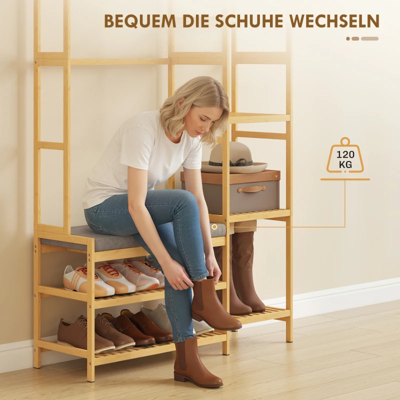 HOMCOM Garderobenständer mit Schuhregal, Kleiderhaken, Mantelständer, Sitzbank mit Kissen, für Flur, Eingangsbereich, Naturholz