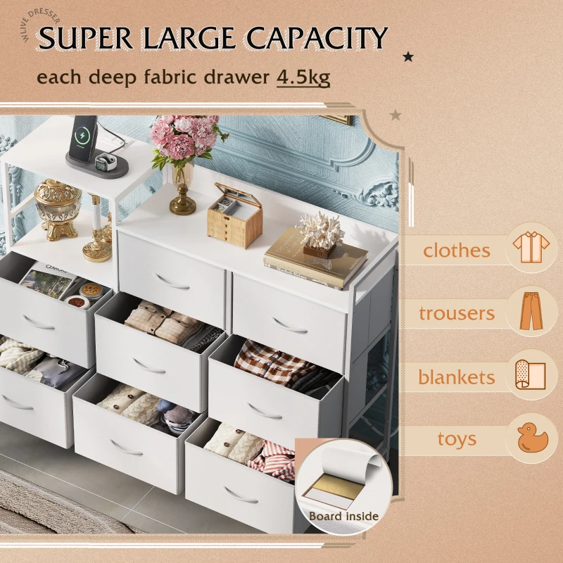 WLIVE Chest of Drawers with Charging Station, 8 Fabric Storage Drawers with Metal Frame and Wooden Top, TV Media Console Table Open Storage Shelves for Bedroom, Living Room, Hallway, White