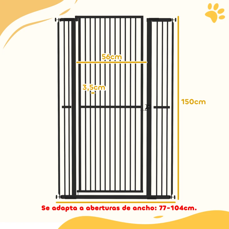 PawHut Barrera para Perros Extra Alta con Ancho Ajustable 77-104 cm Puerta para Perros con Extensiones y Puerta de Paso Negro