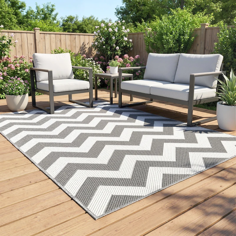 Outsunny Outdoor-Teppich, wasserdicht, doppelseitiges Design, hochwertige Kunststofffaser, hellgrau+weiß, 121 x 182 cm