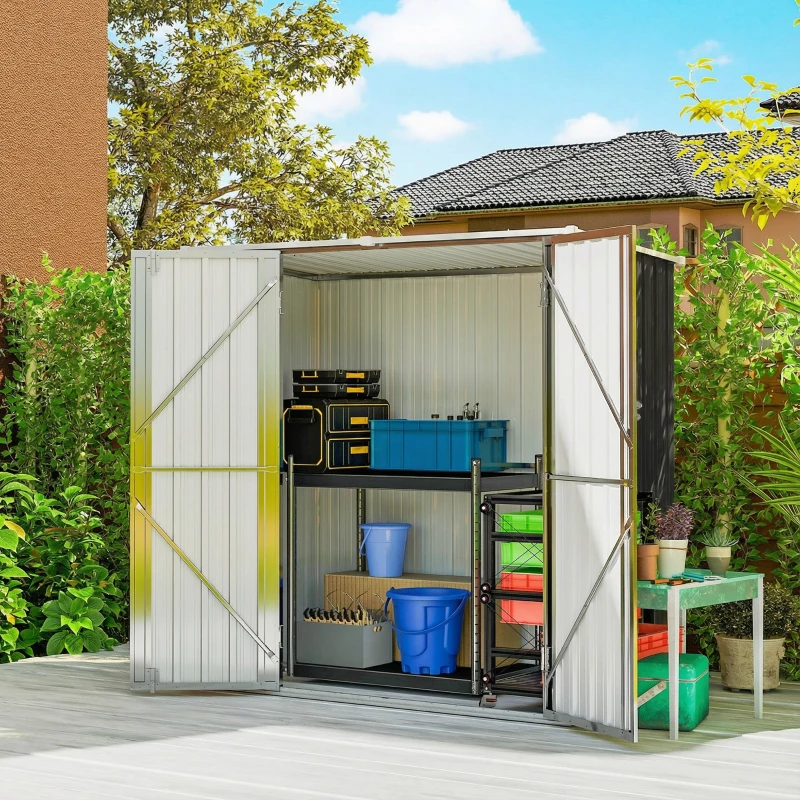 Outsunny Abrigo de Jardim Exterior Metálico 1,37 m² 163x89x163 cm com Telhado Inclinado, Portas com Fecho e Luvas Cinzento