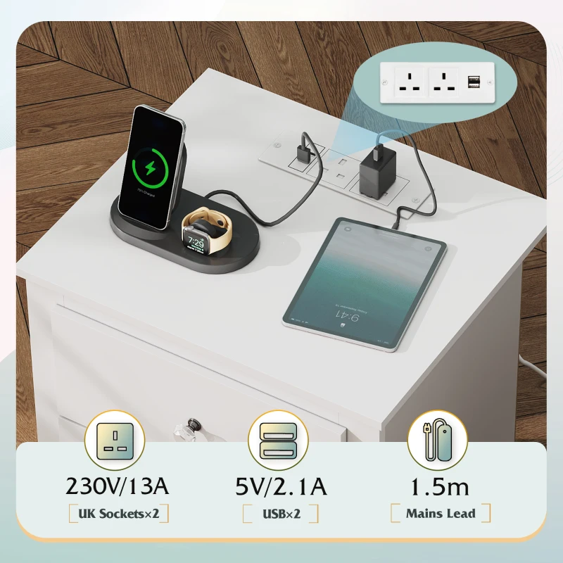WLIVE 3-Drawer Wooden Bedside Table with Charging Station, USB Ports & Plug Sockets, Nightstand with Storage for Bedroom, Living Room, Office (2, White)