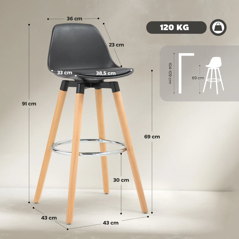 HOMCOM 2er-Set Barhocker Barstühle Skandi-Design, Fußtstütze, 43 cm x 43 cm x 91 cm, Natur + Schwarz