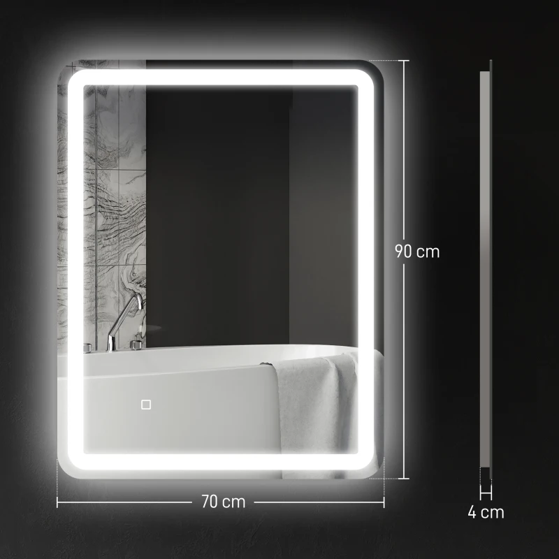 HOMCOM Badezimmerspiegel, beleuchtet, Touch-Steuerung, beschlagfrei, dimmbar, 3 Lichtfarben, 70x90, Silber