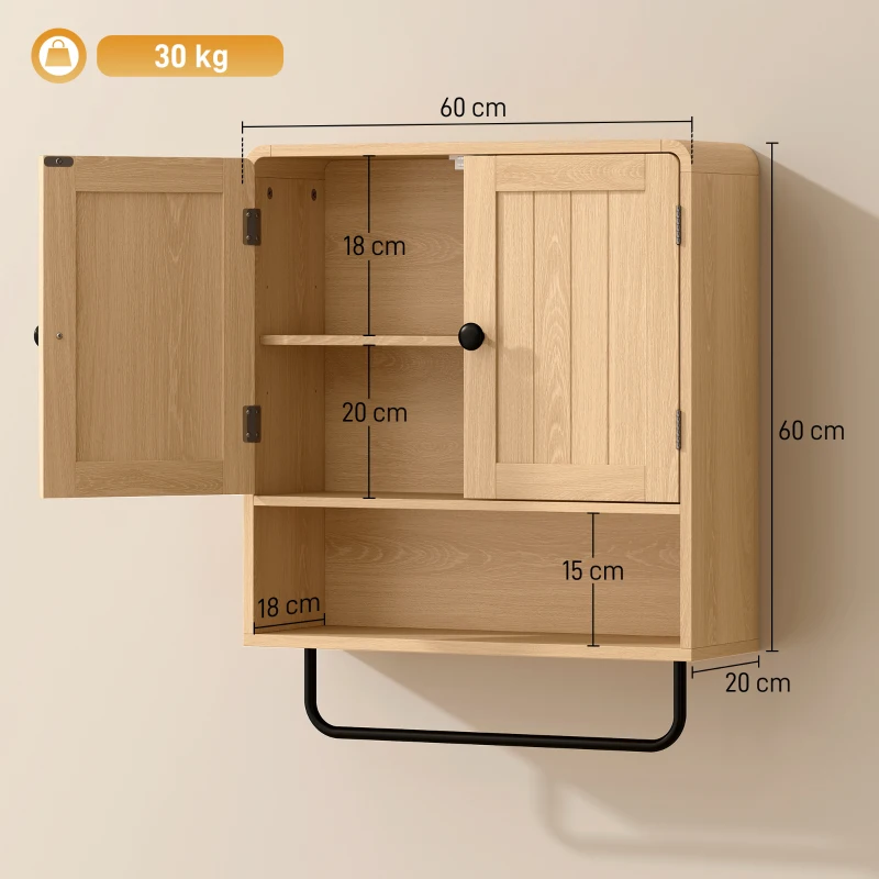 HOMCOM Armário mural de casa de banho, móvel de arrumação suspenso com 2 portas, prateleira aberta, porta-toalhas, chêne