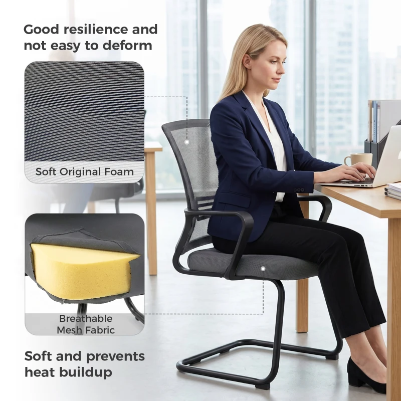 HOMCOM Padded Meeting Office Chair, Ergonomic Desk Chair No Wheels with Sled Base for Bedroom, Waiting, Reception, Dark Grey