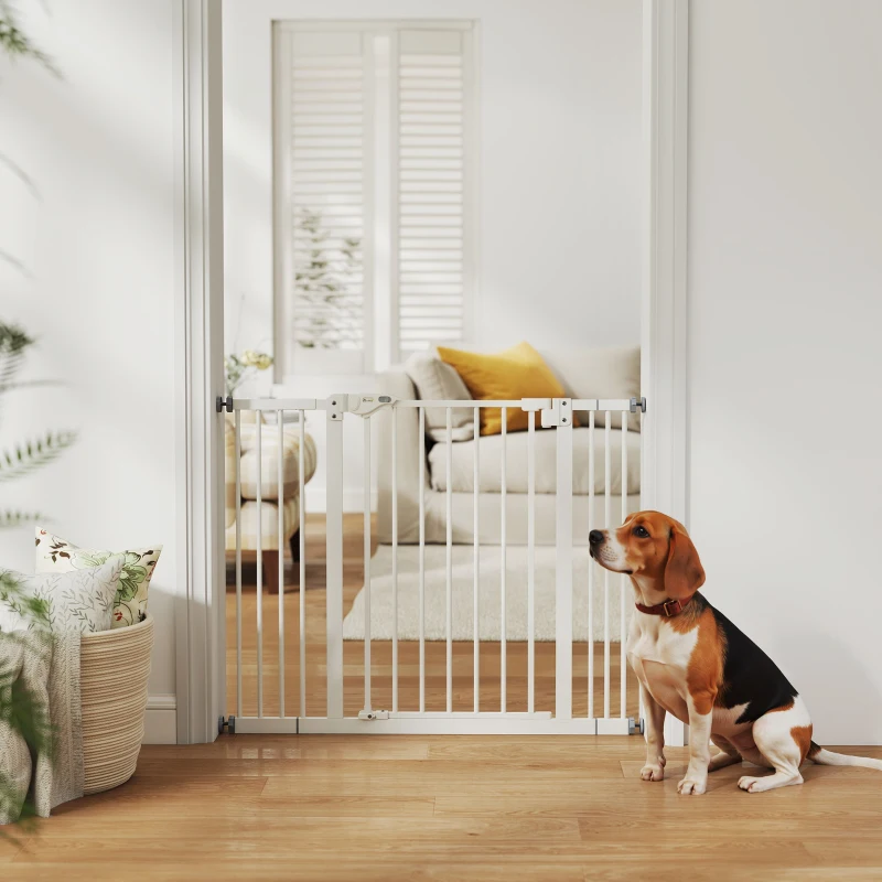 PawHut Barreira de Segurança para Cães 74-100 cm com Extensões, Montagem por Pressão e Duplo Bloqueio, Branco