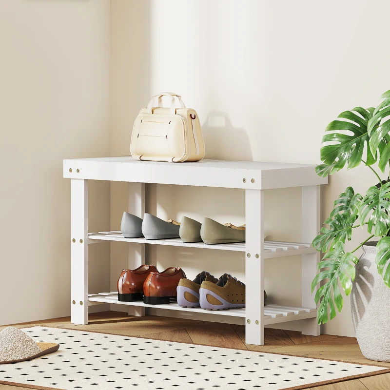 HOMCOM Schuhbank Bambus mit 2 Ablagen, Sitzbank mit Stauraum, für Flur, 70x28x45 cm, Weiß