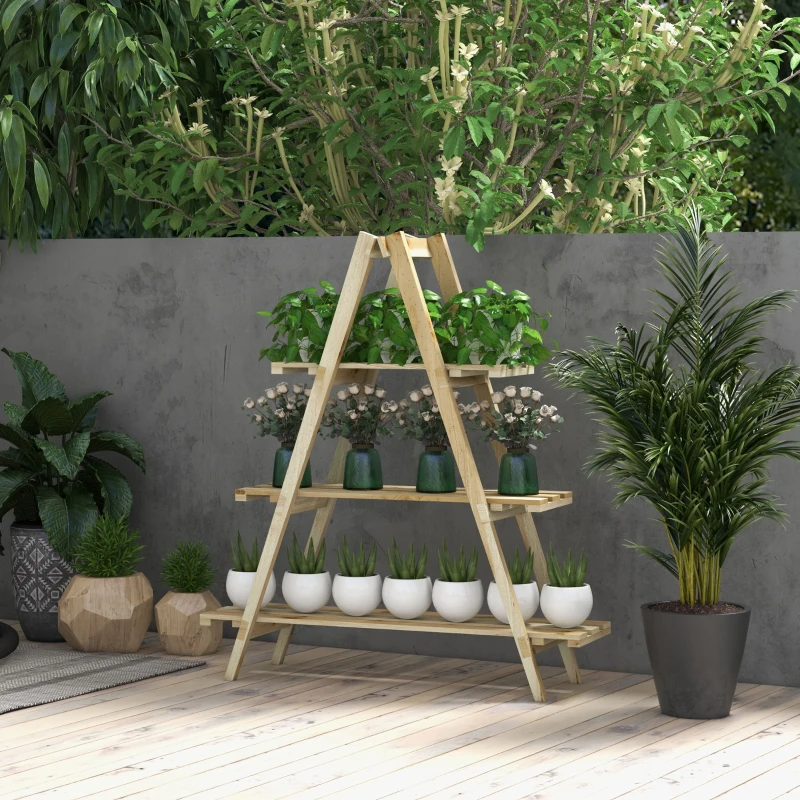 Outsunny Soporte para Plantas Plegable de Madera Estantería para Macetas de 3 Niveles con Marco en A 100x36x112 cm Natural