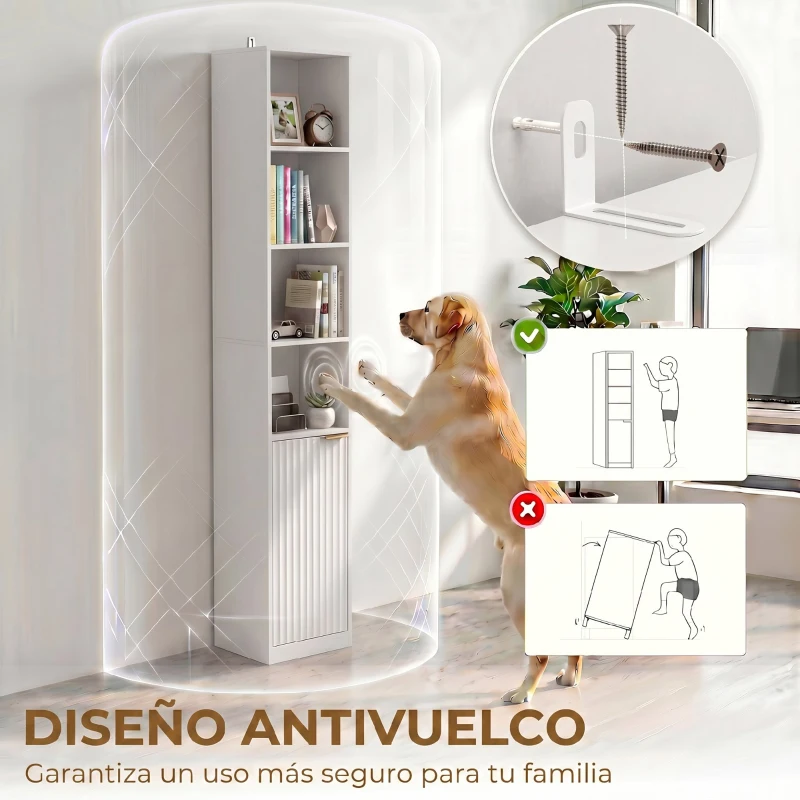 HOMCOM Estantería para Libros de 6 Niveles Librería Alta y Estrecha con 4 Estantes Abiertos Puerta y Estante Ajustable Blanco