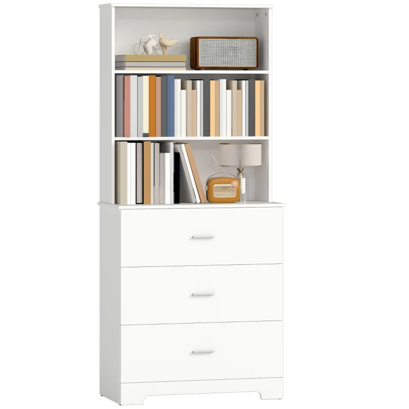 HOMCOM Bücherschrank Hochschrank Vitrinenschrank mit 3 Schubladen, 3 offen Regalen, für Wohnzimmer Küche, 79x39,5x180 cm, Weiß