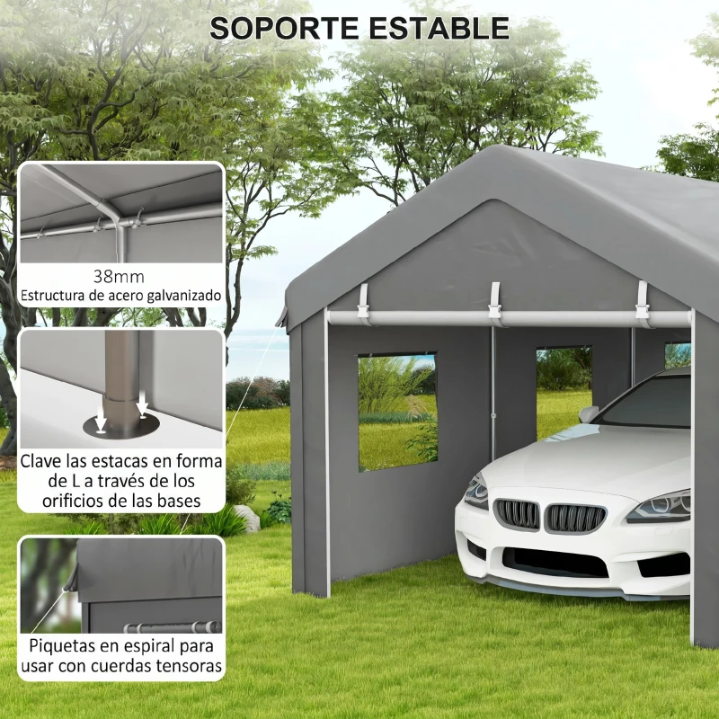 Outsunny Garaje Exterior para Coche 6x3 m Impermeable con Tejido PE Resistente Marco de Acero Paredes Desmontables Gris Claro