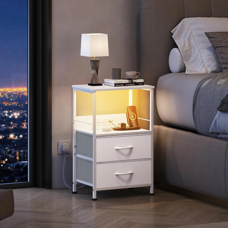 WLIVE Set of 2 White Bedside Tables, Equipped with Drawers, LED Lights and Charging Station, Multi-use Bedside Cabinet for Bedroom, Living Room and Small Spaces