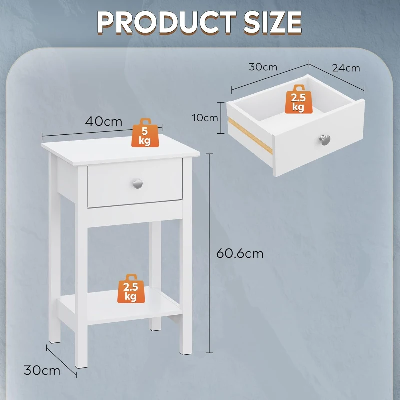 WLIVE Wooden Bedside Table, Nightstand with Shelf Drawer, Wooden Side Sofa Tables, for Small Spaces, End Tables for Living Room, Bedroom (2, White)