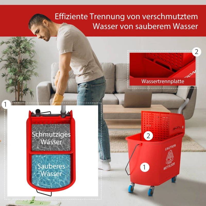HOMCOM 20 L Mopp-Eimer mit Auswringer und Griff, Wischmopp-Eimer auf Rädern, Kunststoff, Rot