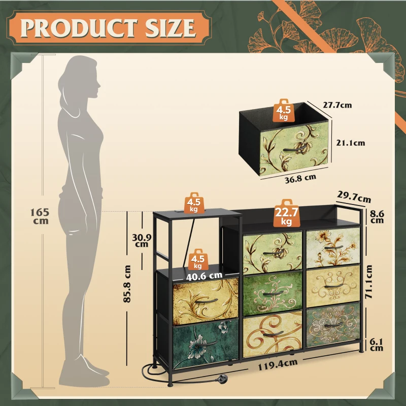 WLIVE Chest of Drawers with Charging Station, 8 Fabric Storage Drawers with Metal Frame and Wooden Top, TV Media Console Table Open Storage Shelves for Bedroom, Living Room, Hallway, Retro