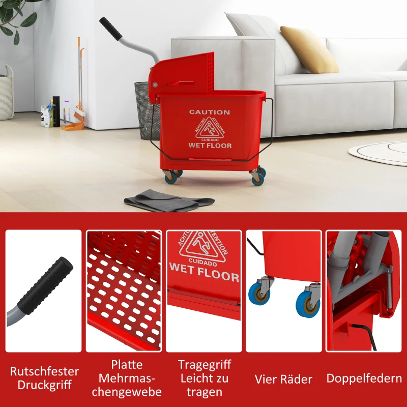 HOMCOM 20 L Mopp-Eimer mit Auswringer und Griff, Wischmopp-Eimer auf Rädern, Kunststoff, Rot