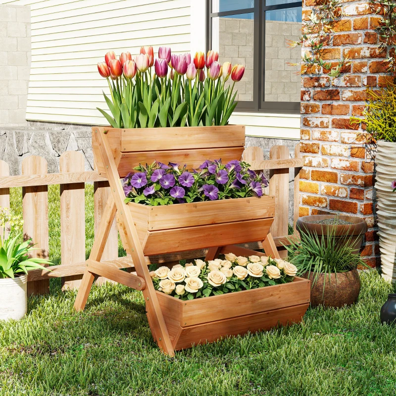 Outsunny 3 Tier Raised Garden Bed Wooden Elevated Planter Box Kit, 66L for Flower, Vegetable, Herb, 65x75x78cm, Brown