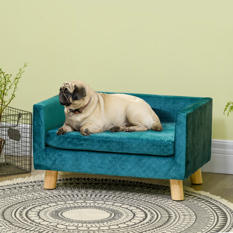 PawHut Sofá para Perros Pequeños 64x45x36 cm Tapizado en Terciopelo con Cojín Lavable y Patas de Madera de Abedul Azul Verdoso