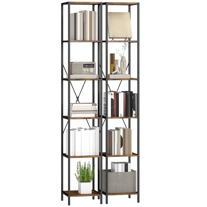 HOMCOM 2er-Set 6-Ebenen-Bücherregal, Stahlrahmen, für Wohnzimmer, Büro, Schlafzimmer, Rustikal-Braun