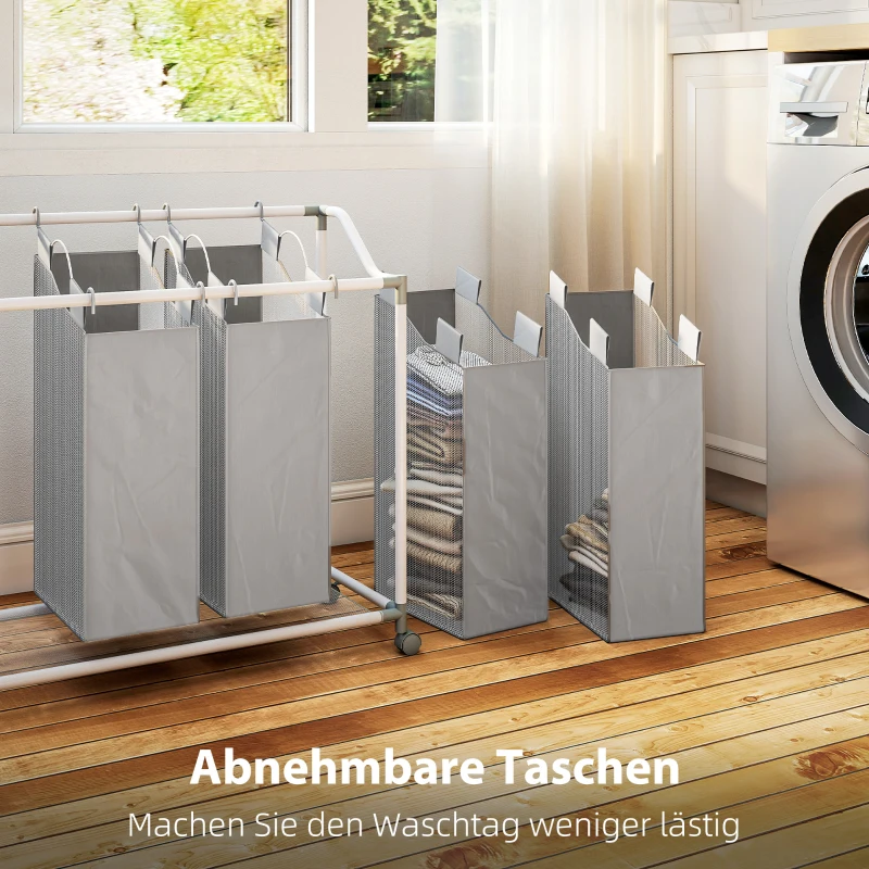 HOMCOM Wäschekorb mit 4 Fächer 160 L Wäschesammler mit Rädern, herausnehmbarer Wäschesack, 97 x 38 x 81 cm, Grau
