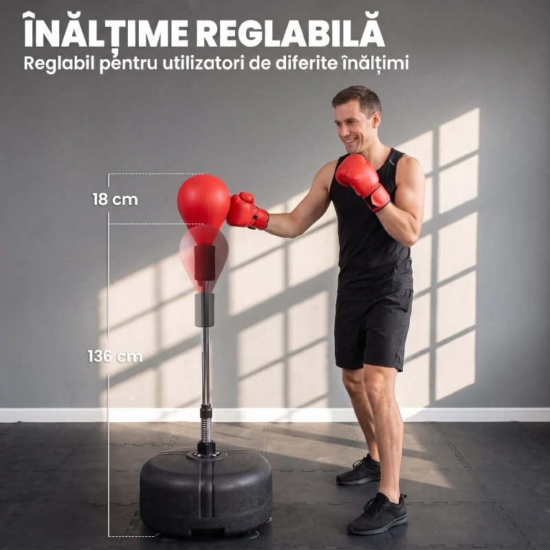 HOMCOM Punching Ball cu Înălțime Reglabilă cu Mănuși de Box, din Oțel, Piele Sintetică și PE, Ø48x136-154 cm, Negru și Roșu