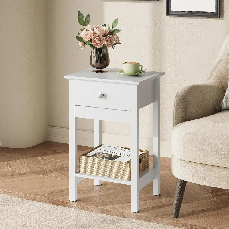 WLIVE Wooden Bedside Table, Nightstand with Shelf Drawer, Wooden Side Sofa Tables, for Small Spaces, End Tables for Living Room, Bedroom (2, White)
