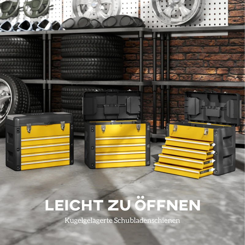 HOMCOM Werkzeugkiste leer, 49,7 x 25,3 x 40,7 cm Werkzeugkasten mit 4 Schubladen, Mini-Box Stahl Gelb