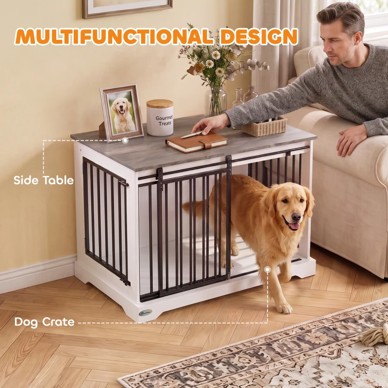 PawHut 100 cm Large Dog Crate Furniture with Sliding Barn Door for Large Dogs, White