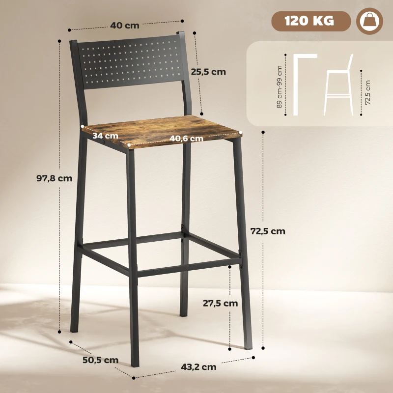 HOMCOM Set 2 Sgabelli da Bar con Schienale e Poggiapiedi Integrato in Stile Industriale, Marrone Rustico