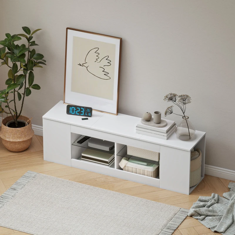HOMCOM 140 cm TV-Ständer, Fernseh-Kommode, 6 Fächer, 2 Glasregale, Spanplatte, Weiß