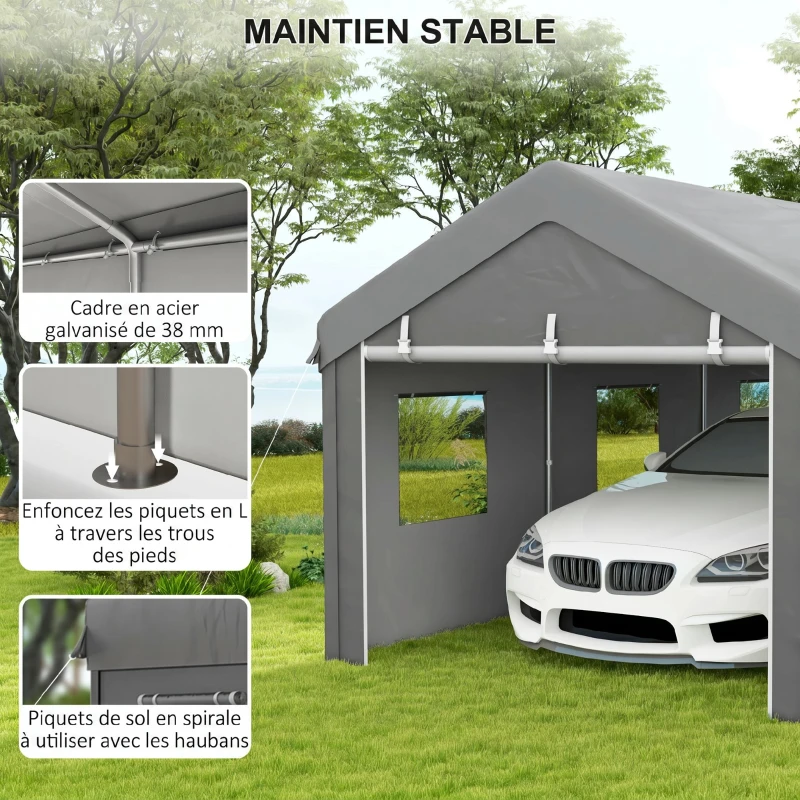 Outsunny Tente garage carport 6L x 2,95l x 2,78H m acier galvanisé PE haute densité 160 g/m²  2 portes enroulables et 6 fenêtres