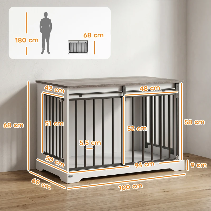 PawHut 100 cm Large Dog Crate Furniture with Sliding Barn Door for Large Dogs, White