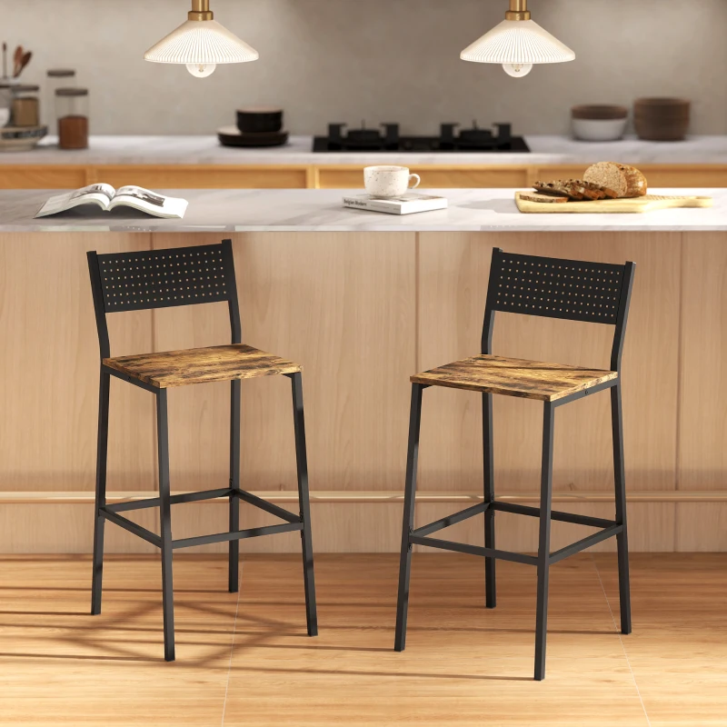 HOMCOM Set 2 Sgabelli da Bar con Schienale e Poggiapiedi Integrato in Stile Industriale, Marrone Rustico