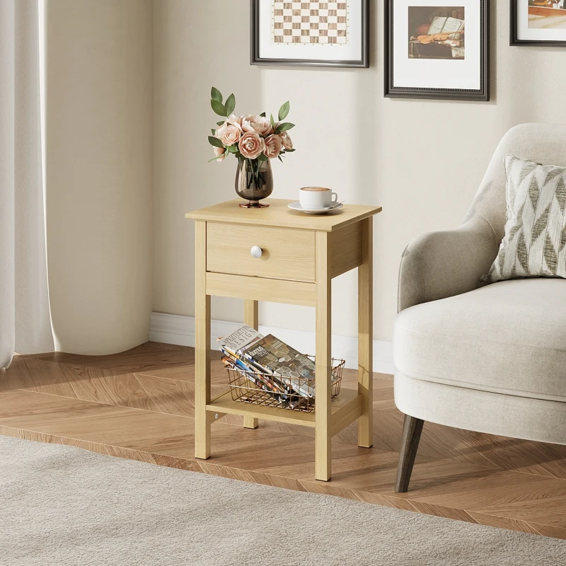 WLIVE Wooden Bedside Table, Nightstand with Shelf Drawer, Wooden Side Sofa Tables, for Small Spaces, End Tables for Living Room, Bedroom (1, Oak)
