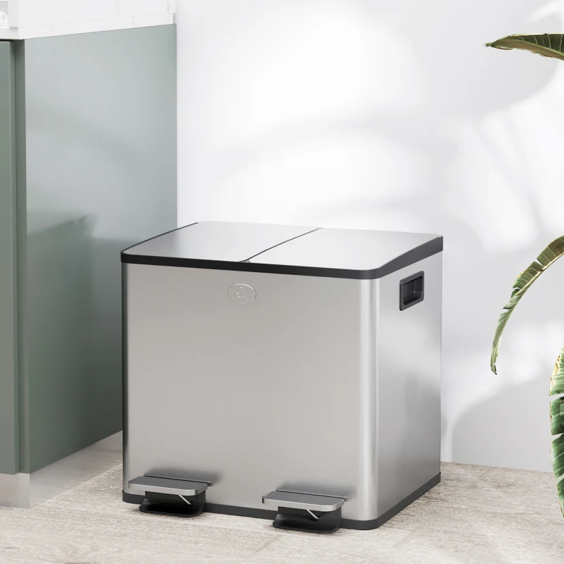 HOMCOM Papelera Cocina de Acero Inoxidable con 2 Compartimentos 2x15L Pedal Tapas de Cierre Suave y Cubo Extraíble Plata
