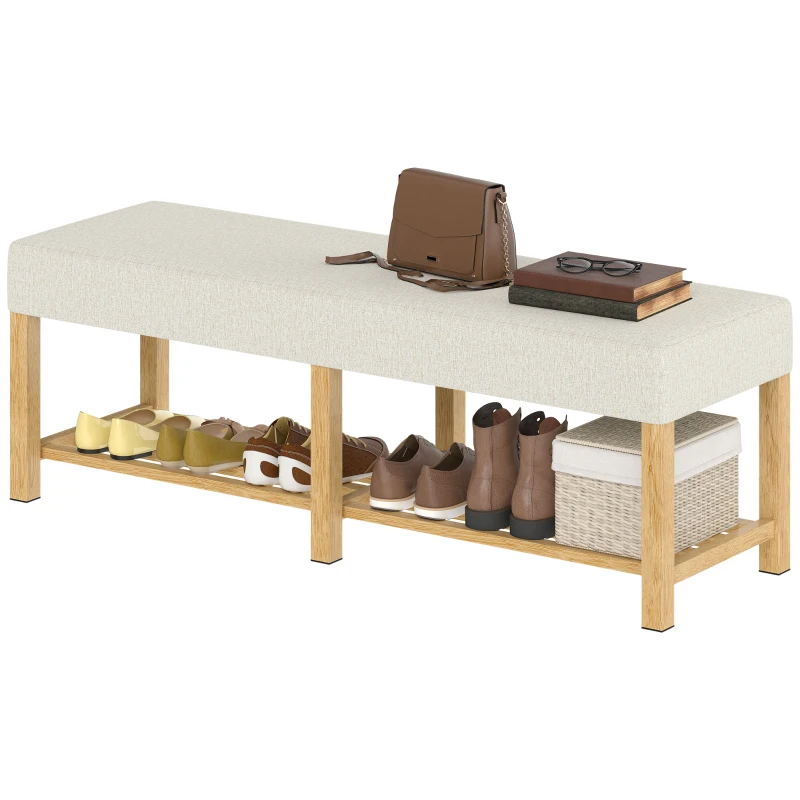 HOMCOM 140 cm Schuhbank aus Massivholz, moderne Flurbank mit gepolsterter Sitzfläche für zwei Personen, Naturholz und Cremeweiß