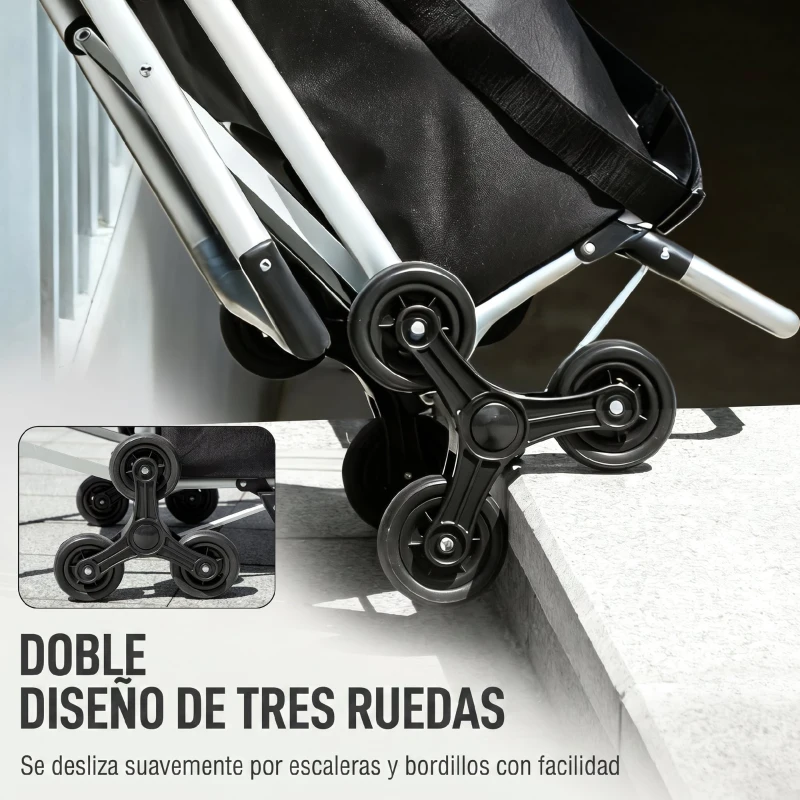 HOMCOM Carrito Escalador 3 Ruedas Bolsa Oxford 40 L Armazón de Aluminio con Asiento Plegable Negro