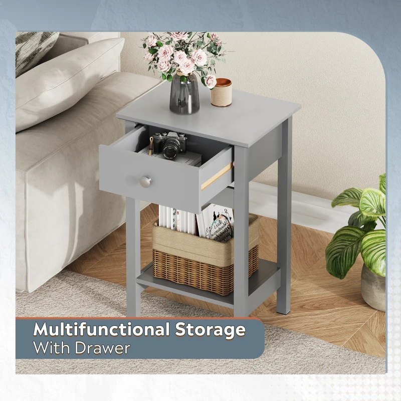 WLIVE Wooden Bedside Table, Nightstand with Shelf Drawer, Wooden Side Sofa Tables, for Small Spaces, End Tables for Living Room, Bedroom (1, Grey)